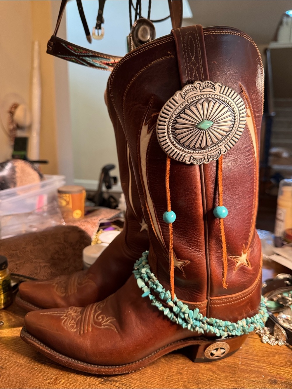 Lucchese Brown Leather Western Heeled Boots with Turquoise Accents
